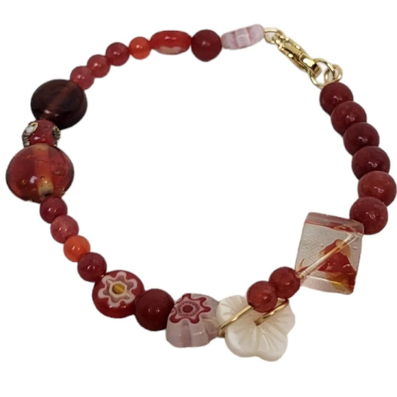 Red Coral Stone Bead Cloisonne Glass Beads Bracelet - Picture 1 of 3